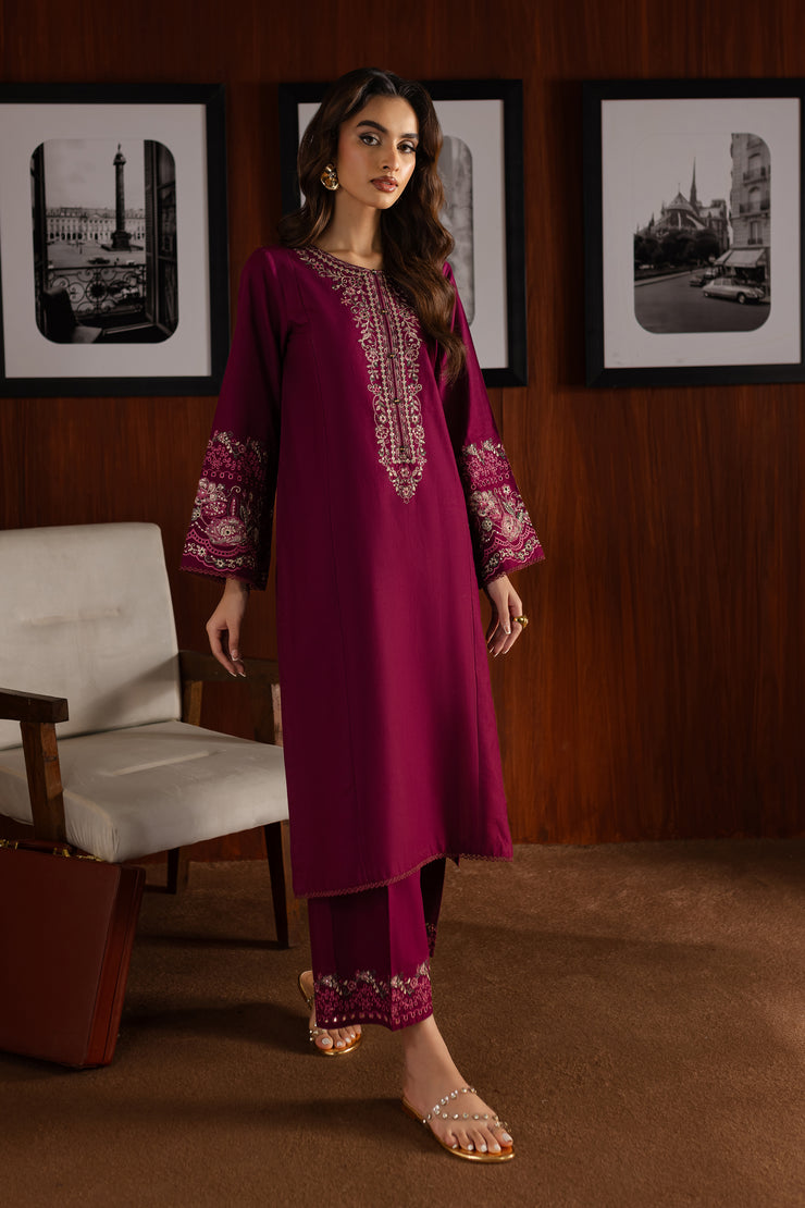 Maroon Garth 2Pc - Embroidered Khaddar Dress