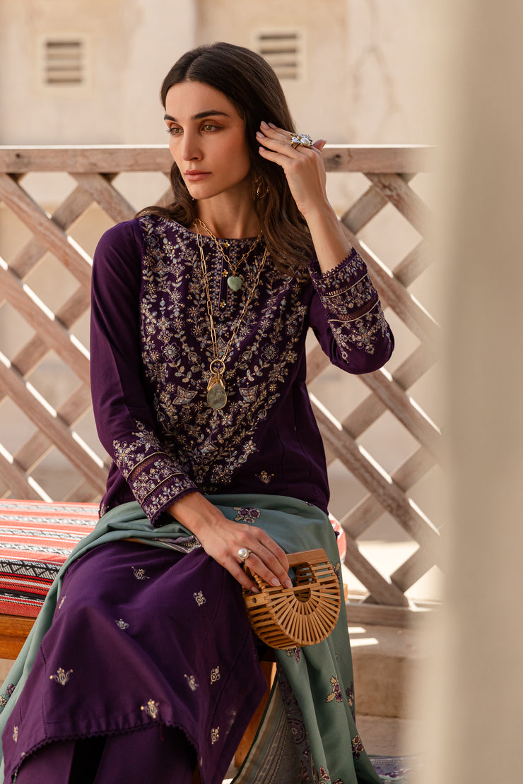 Plum Sage 3Pc - Embroidered Khaddar Dress