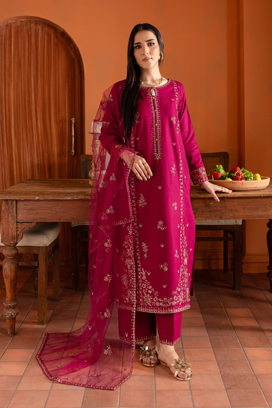 Pink Jam 3Pc- Embroidered Khaddar Dress - BATIK