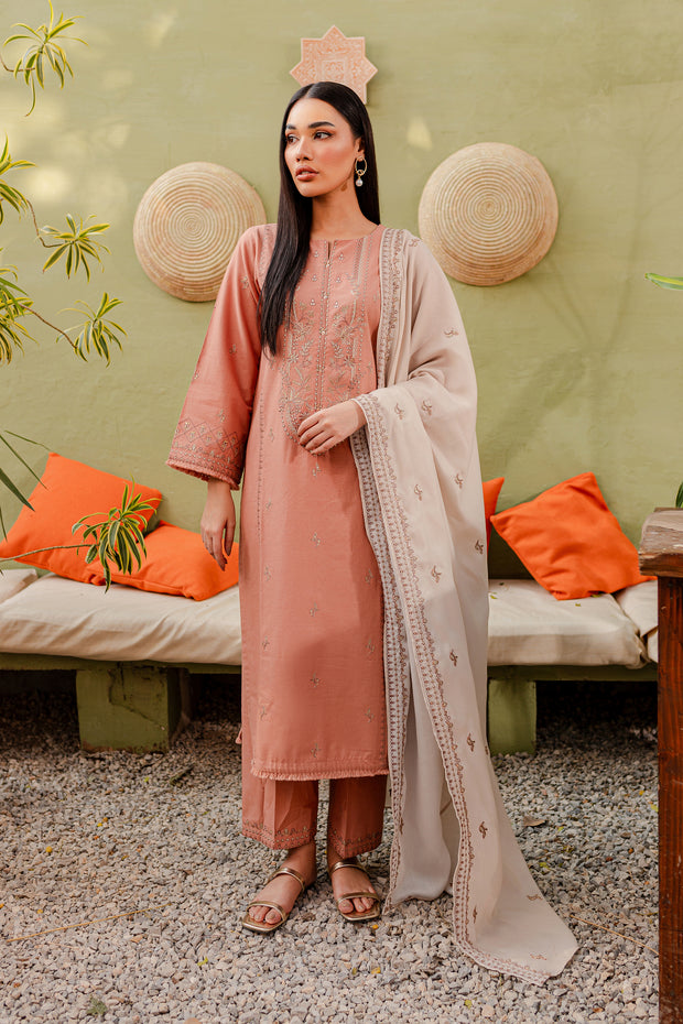Peach Ice 3Pc - Embroidered Khaddar Dress - BATIK