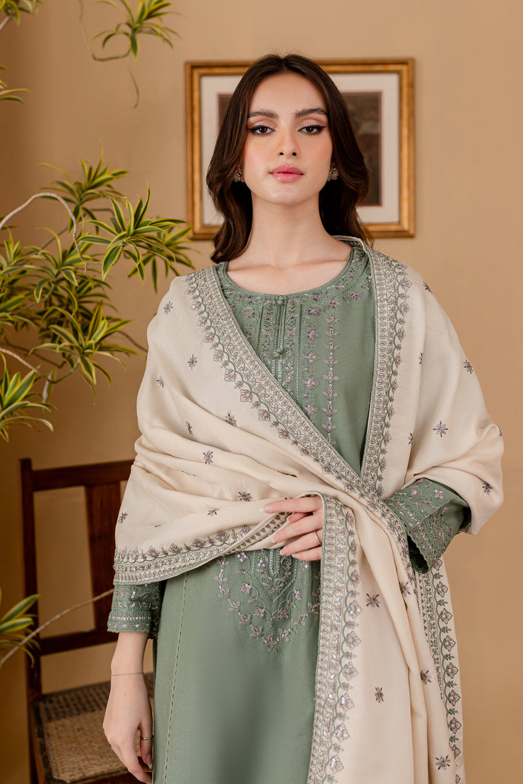 Tea Green 3Pc - Embroidered Khaddar Dress - BATIK