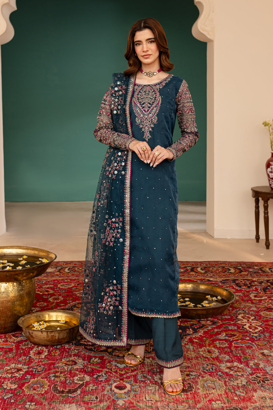 Azure Blue 3Pc - Embroidered Luxe Pret