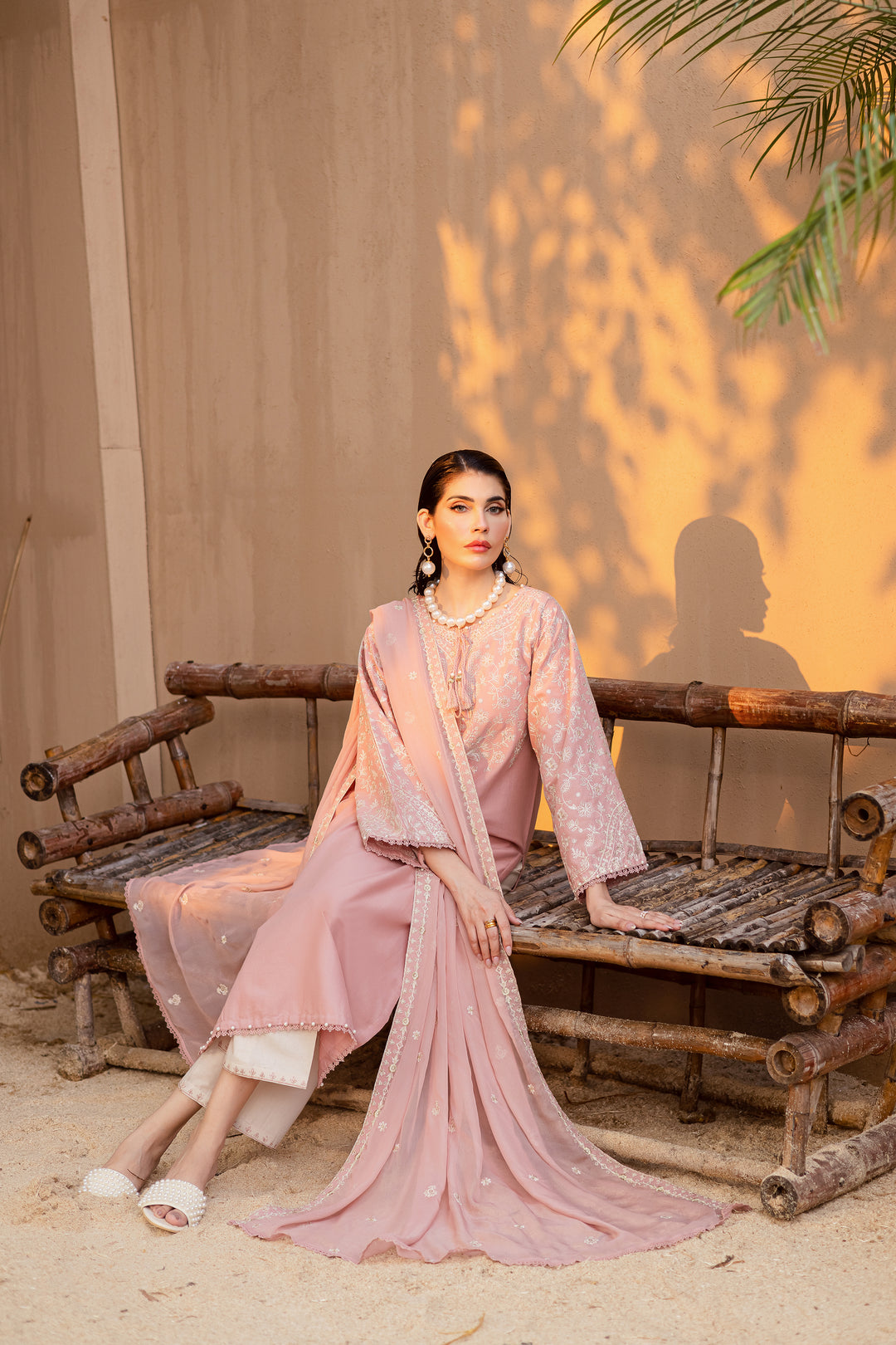 Pink Pashmina 3Pc - Embroidered Khaddar Dress