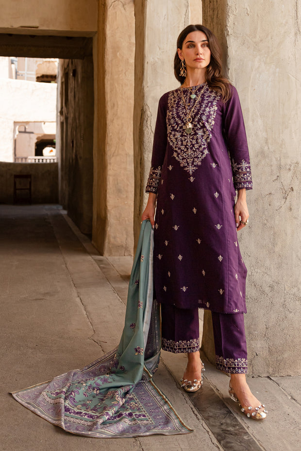 Plum Sage 3Pc - Embroidered Khaddar Dress