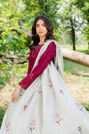 Burgundy Bling 3Pc - Embroidered Karandi Dress - BATIK