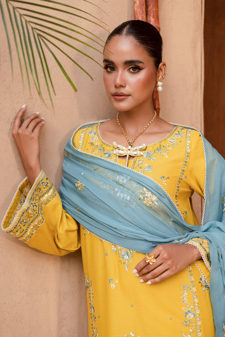 Yellow Castor 3Pc - Embroidered Khaddar Dress