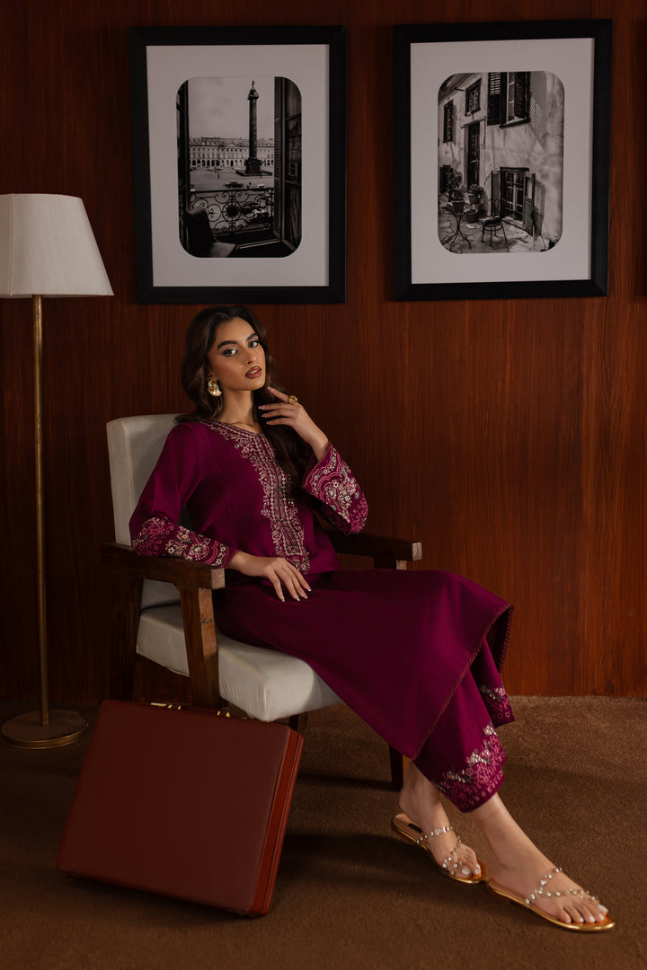 Maroon Garth 2Pc - Embroidered Khaddar Dress - BATIK