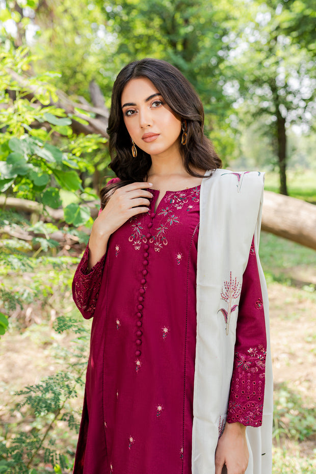 Burgundy Bling 3Pc - Embroidered Karandi Dress - BATIK