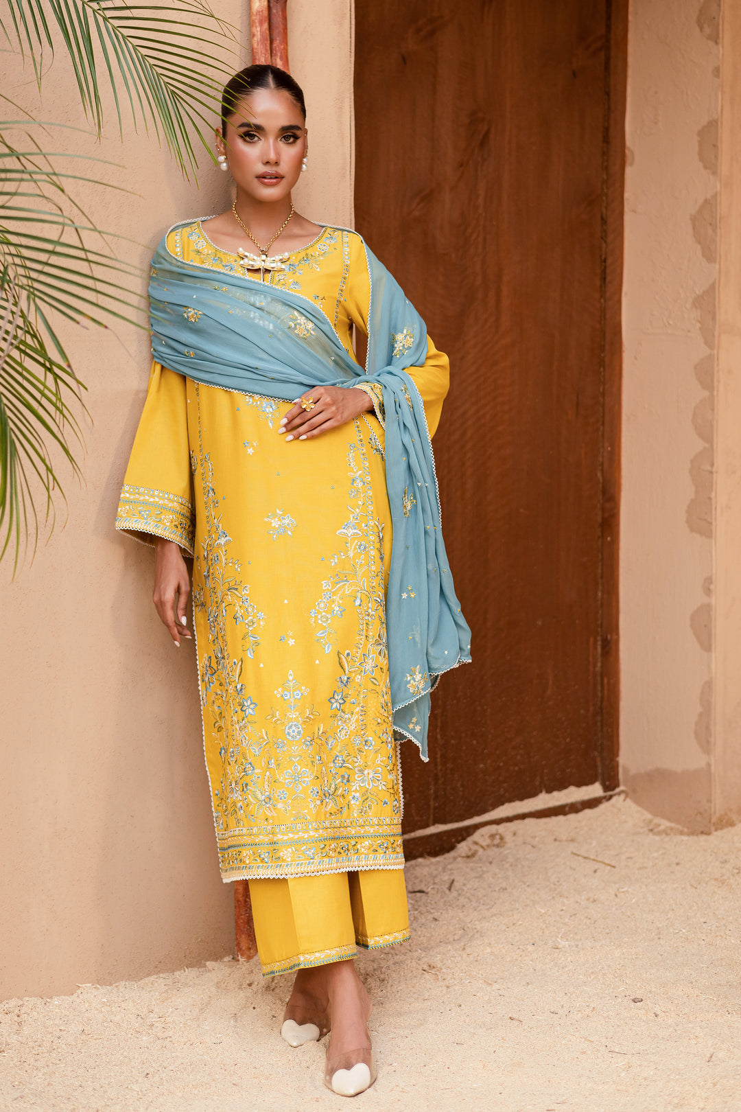 Yellow Castor 3Pc - Embroidered Khaddar Dress