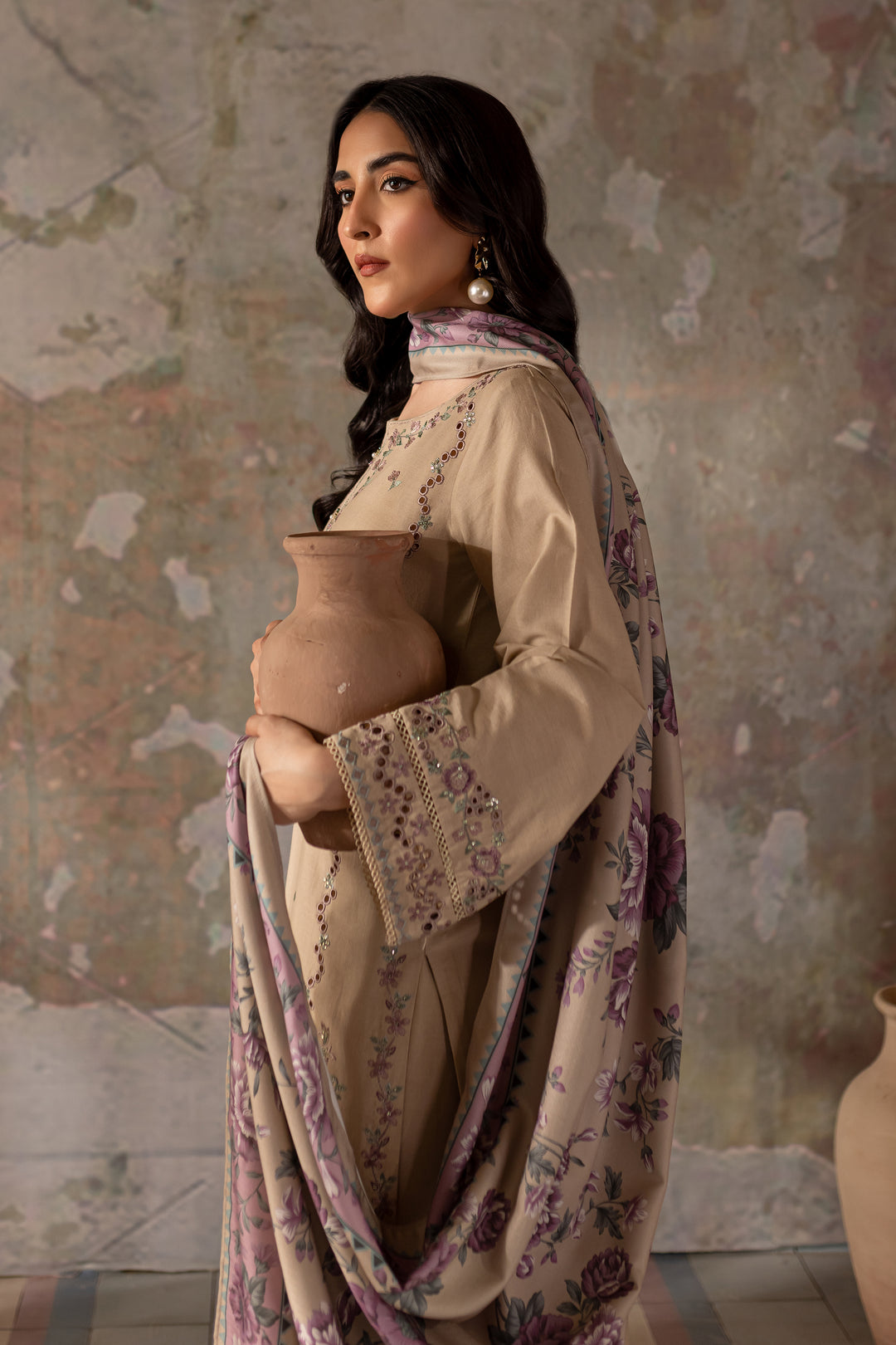 Beige Peel 3Pc - Embroidered Khaddar Dress - BATIK