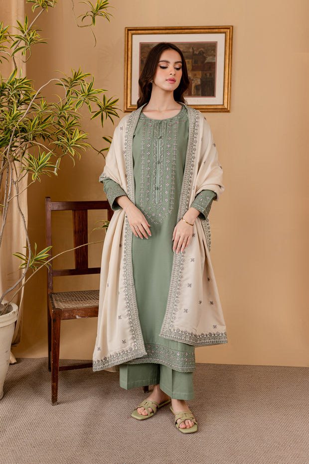 Tea Green 3Pc - Embroidered Khaddar Dress