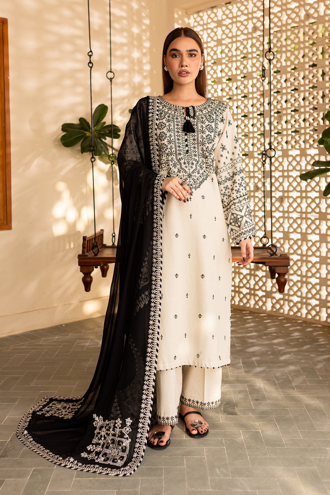 White Jewel 3Pc - Embroidered Khaddar Dress - BATIK