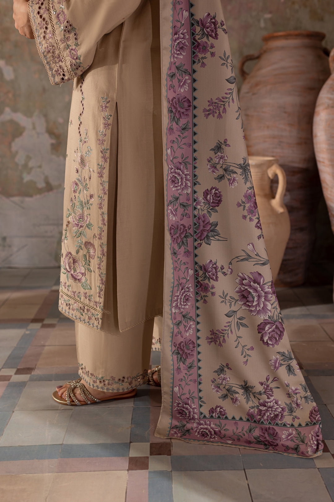 Beige Peel 3Pc - Embroidered Khaddar Dress - BATIK