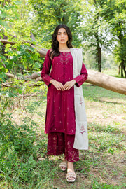 Burgundy Bling 3Pc - Embroidered Karandi Dress - BATIK