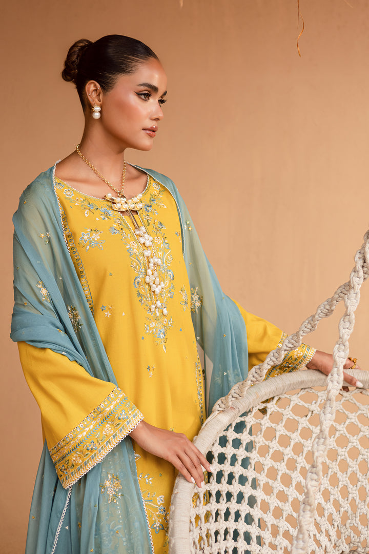 Yellow Castor 3Pc - Embroidered Khaddar Dress