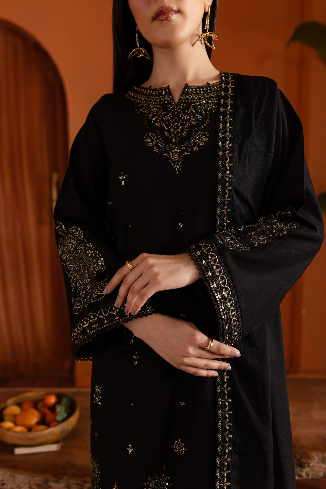 Black Magisk 3Pc - Embroidered Khaddar Dress - BATIK