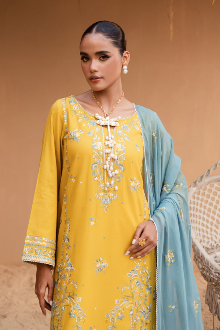 Yellow Castor 3Pc - Embroidered Khaddar Dress
