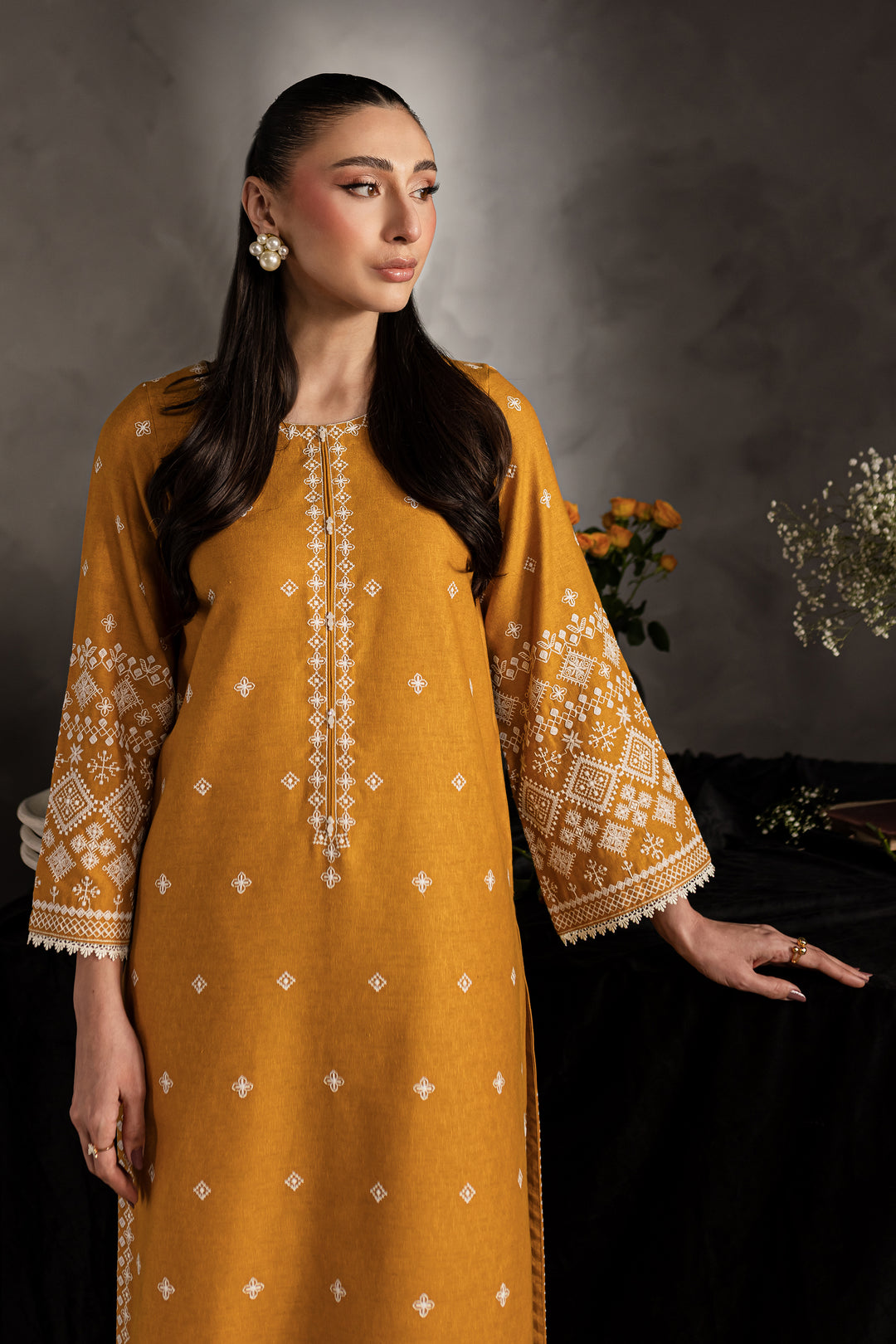 Mustard Jasper 2Pc - Embroidered Karandi dress - BATIK