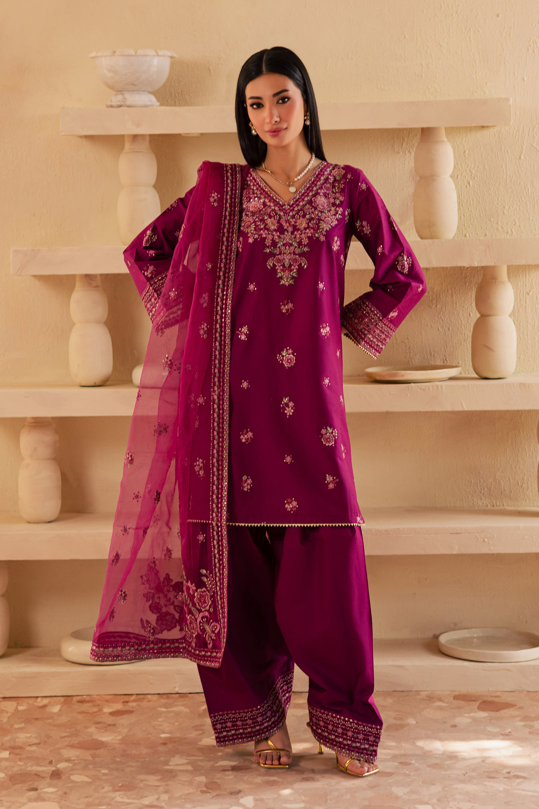 Zariah 3Pc - Embroidered Solid Dress - BATIK