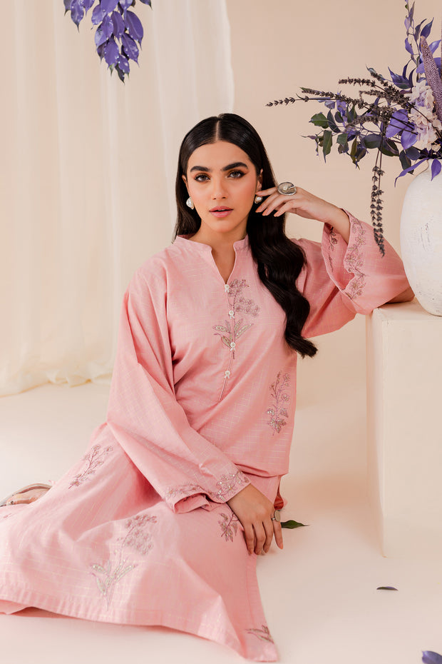Light Pink 2Pc - Embroidered Jacquard Dress - BATIK