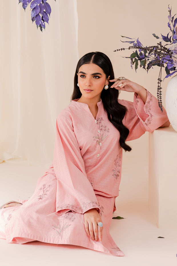Light Pink 2Pc - Embroidered Jacquard Dress - BATIK