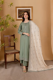 Tea Green 3Pc - Embroidered Khaddar Dress - BATIK