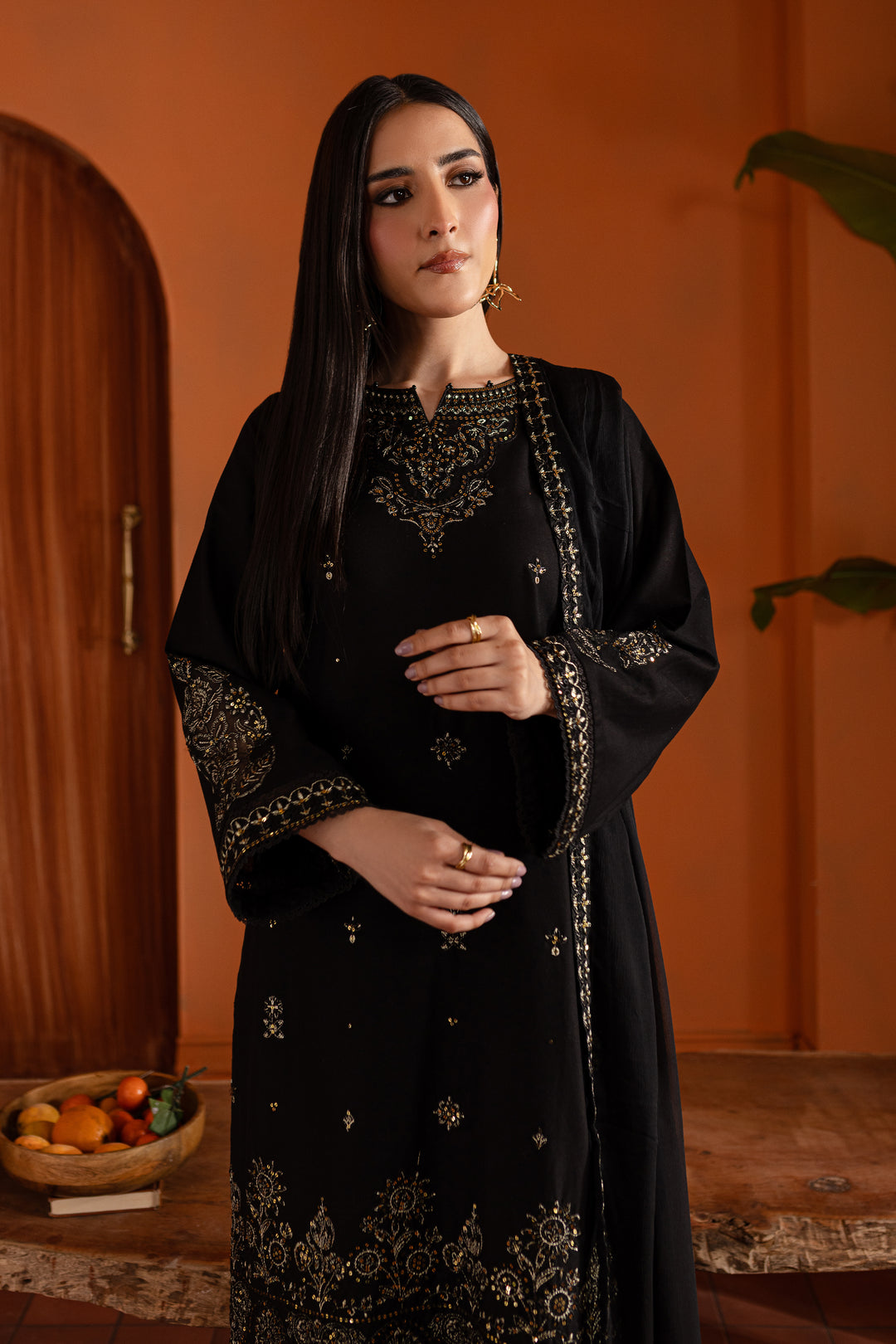 Black Magisk 3Pc - Embroidered Khaddar Dress - BATIK