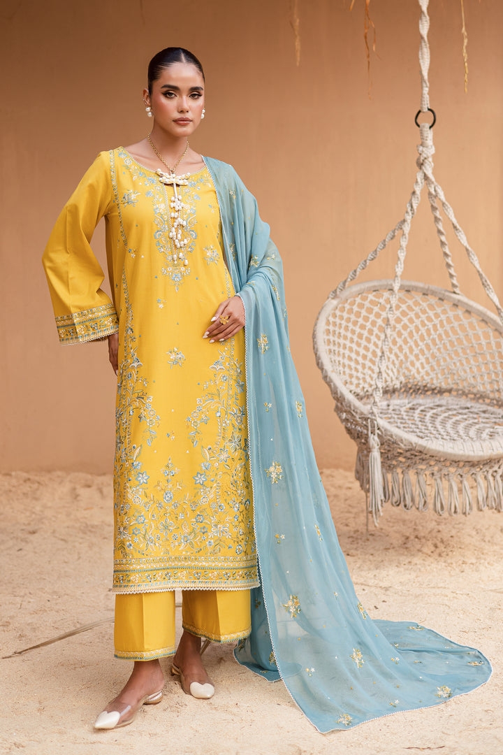 Yellow Castor 3Pc - Embroidered Khaddar Dress