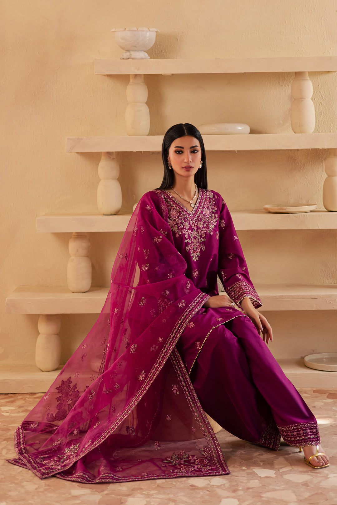 Zariah 3Pc - Embroidered Solid Dress - BATIK
