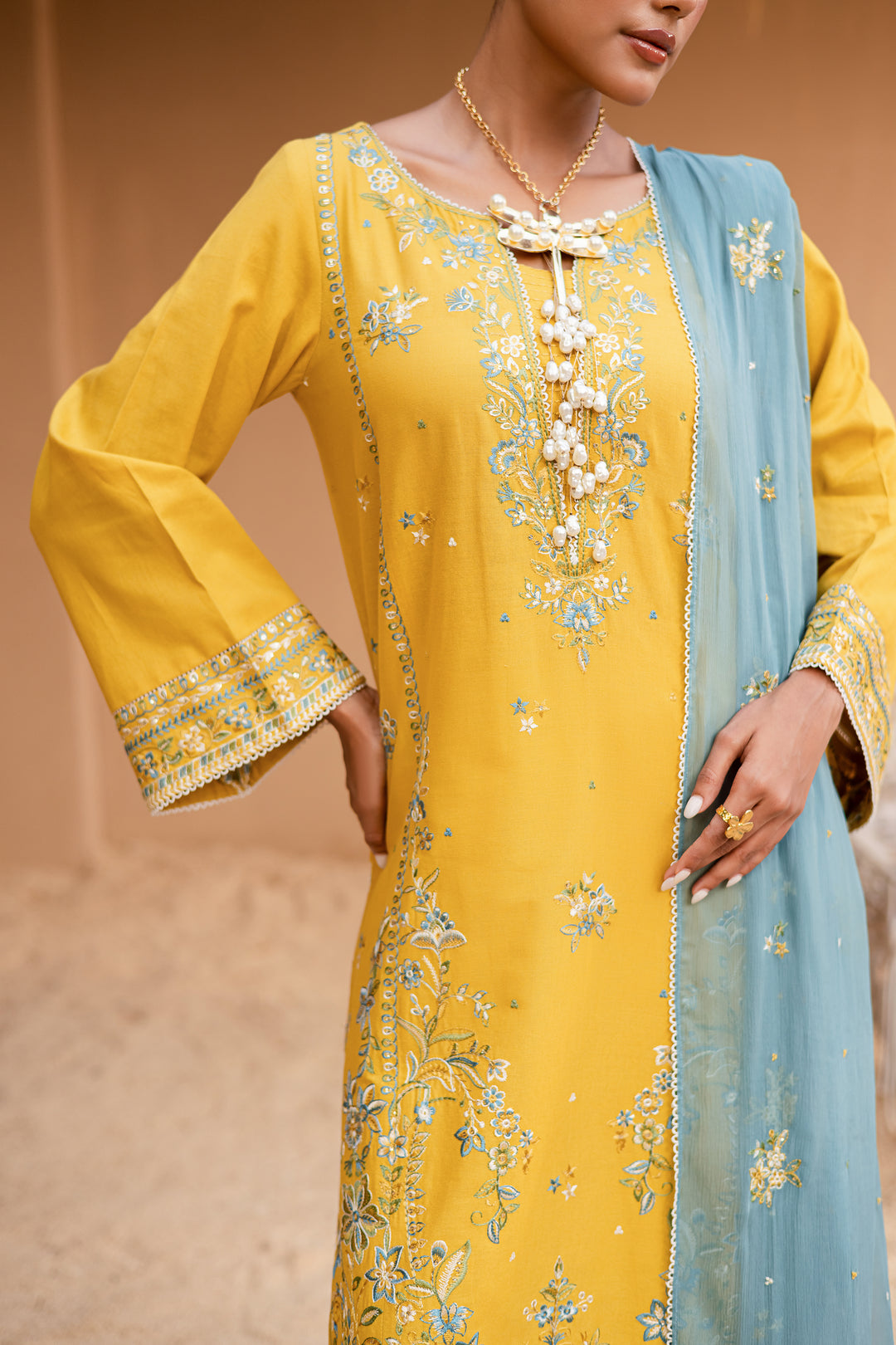 Yellow Castor 3Pc - Embroidered Khaddar Dress