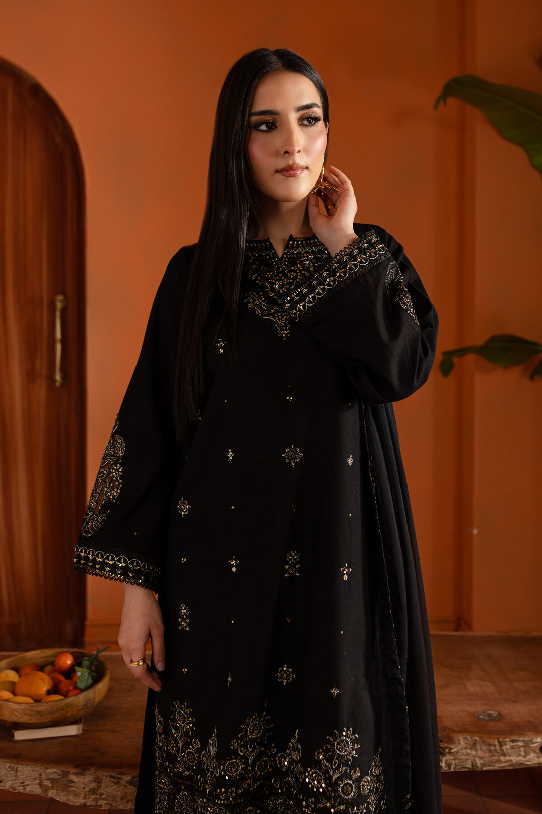 Black Magisk 3Pc - Embroidered Khaddar Dress - BATIK