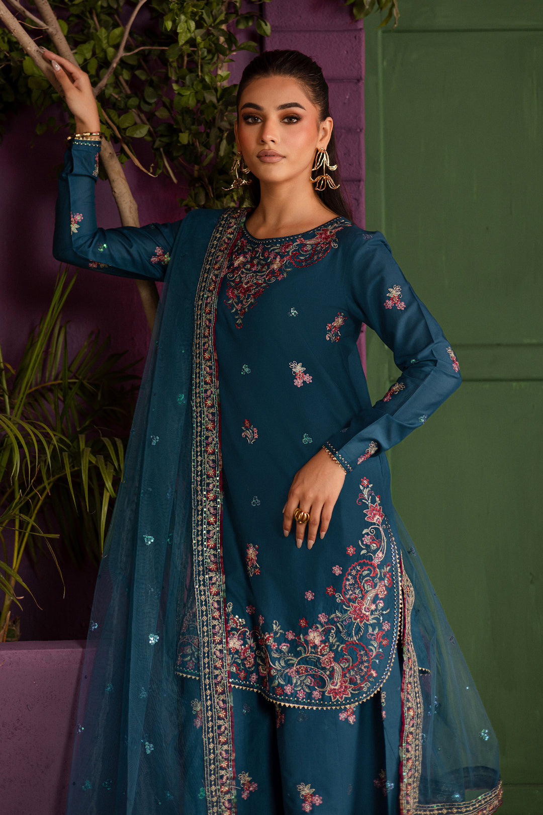 Eshmaal 3Pc - Embroidered Solid Dress - BATIK