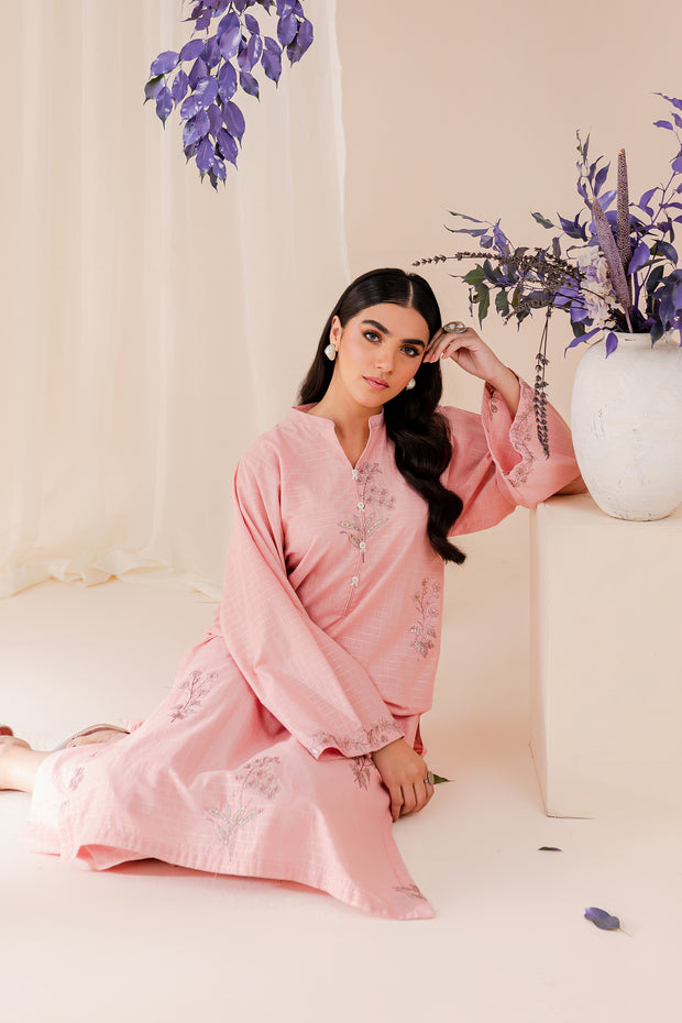 Light Pink 2Pc - Embroidered Jacquard Dress - BATIK