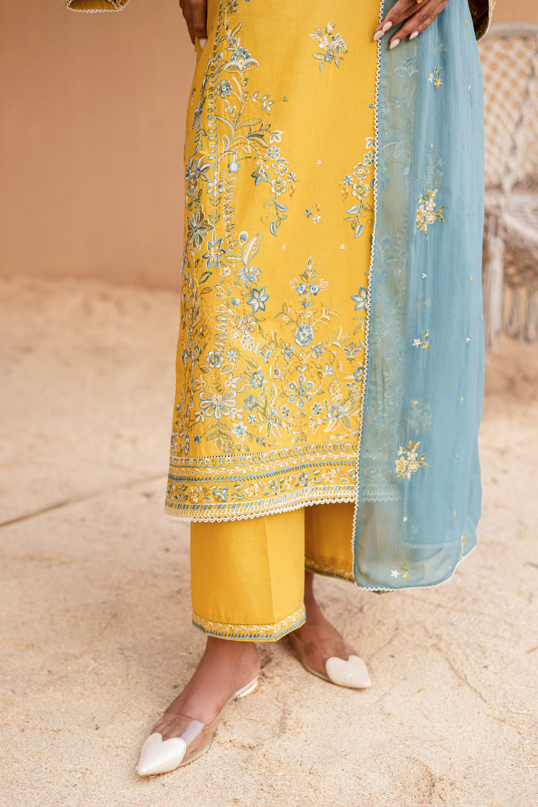 Yellow Castor 3Pc - Embroidered Khaddar Dress