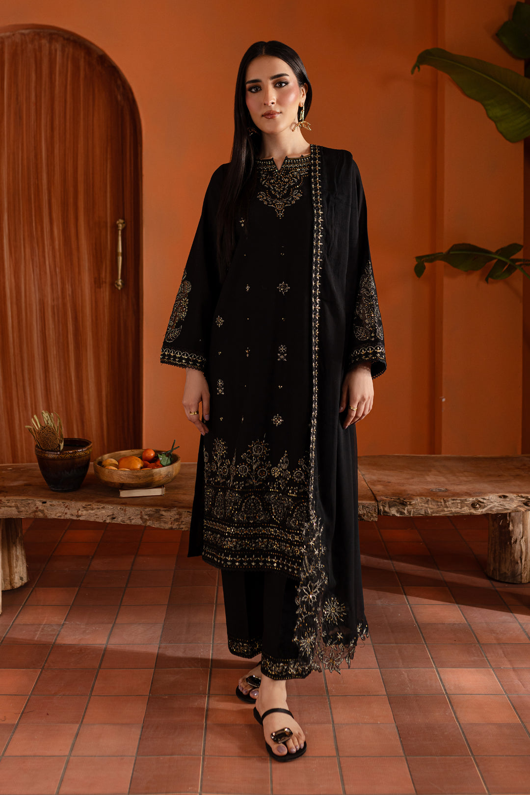 Black Magisk 3Pc - Embroidered Khaddar Dress - BATIK