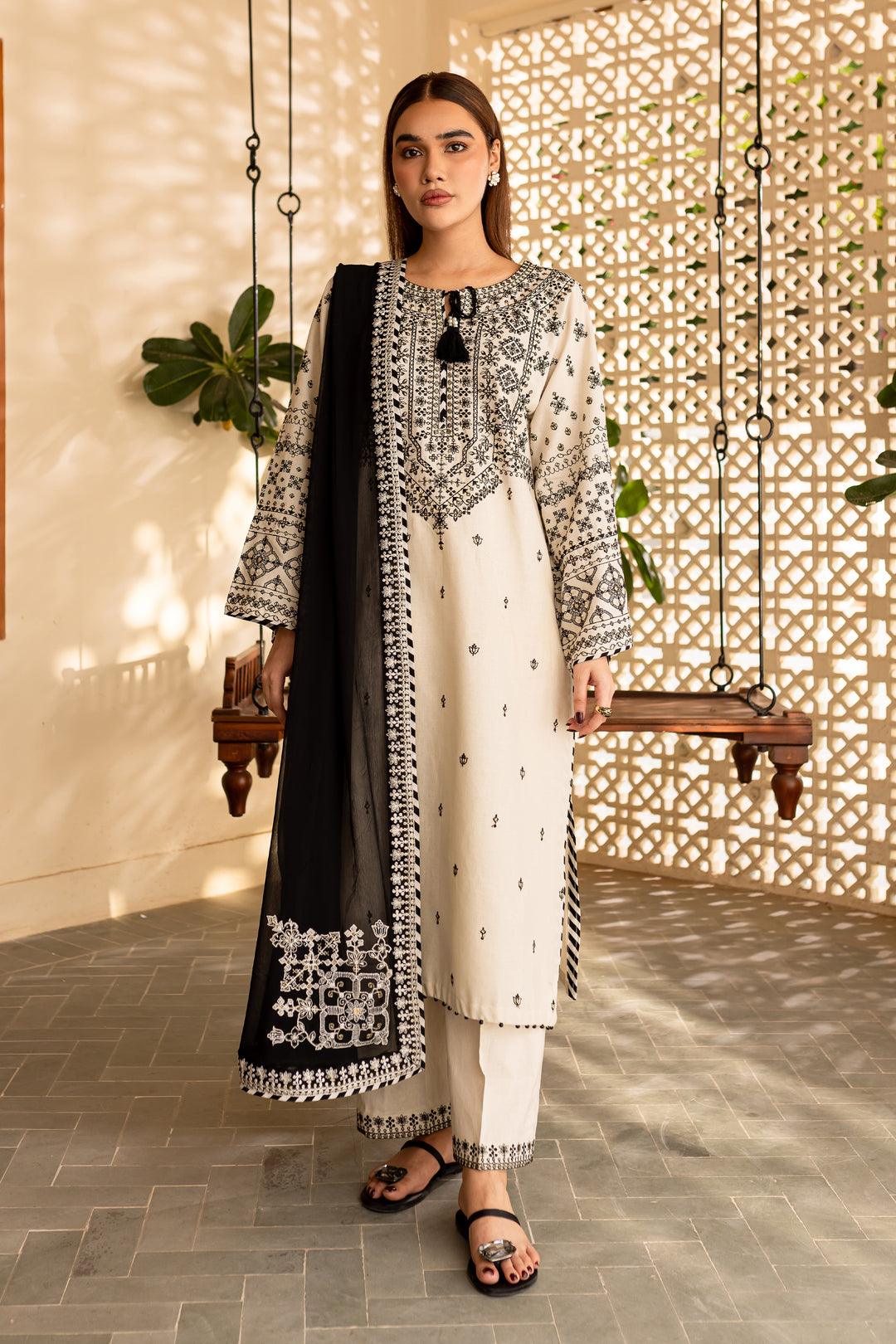 White Jewel 3Pc - Embroidered Khaddar Dress - BATIK