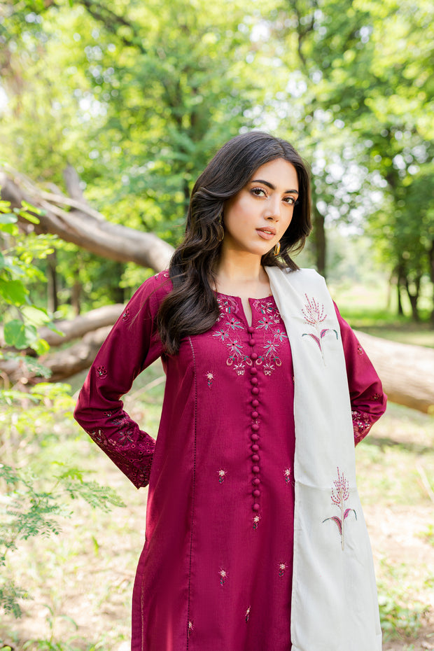 Burgundy Bling 3Pc - Embroidered Karandi Dress - BATIK