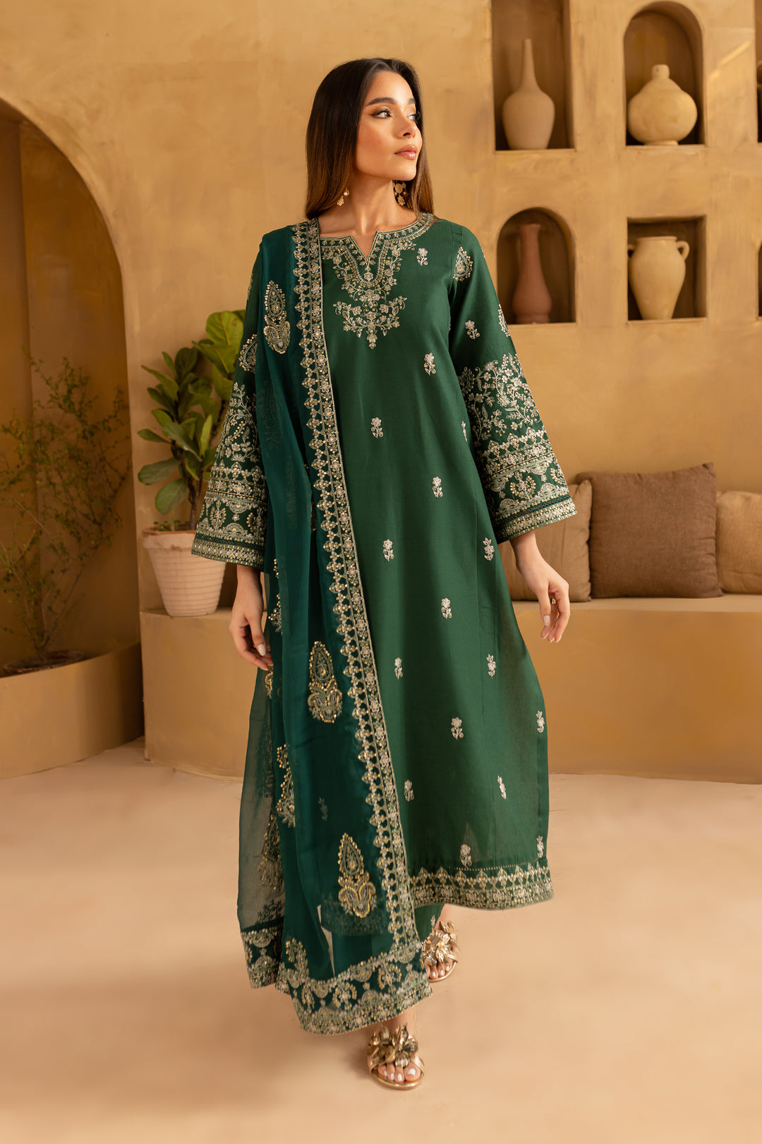 Green Amy 3Pc - Embroidered Khaddar Dress - BATIK