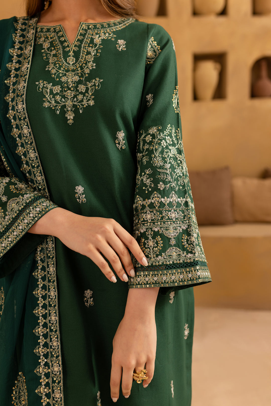 Green Amy 3Pc - Embroidered Khaddar Dress - BATIK