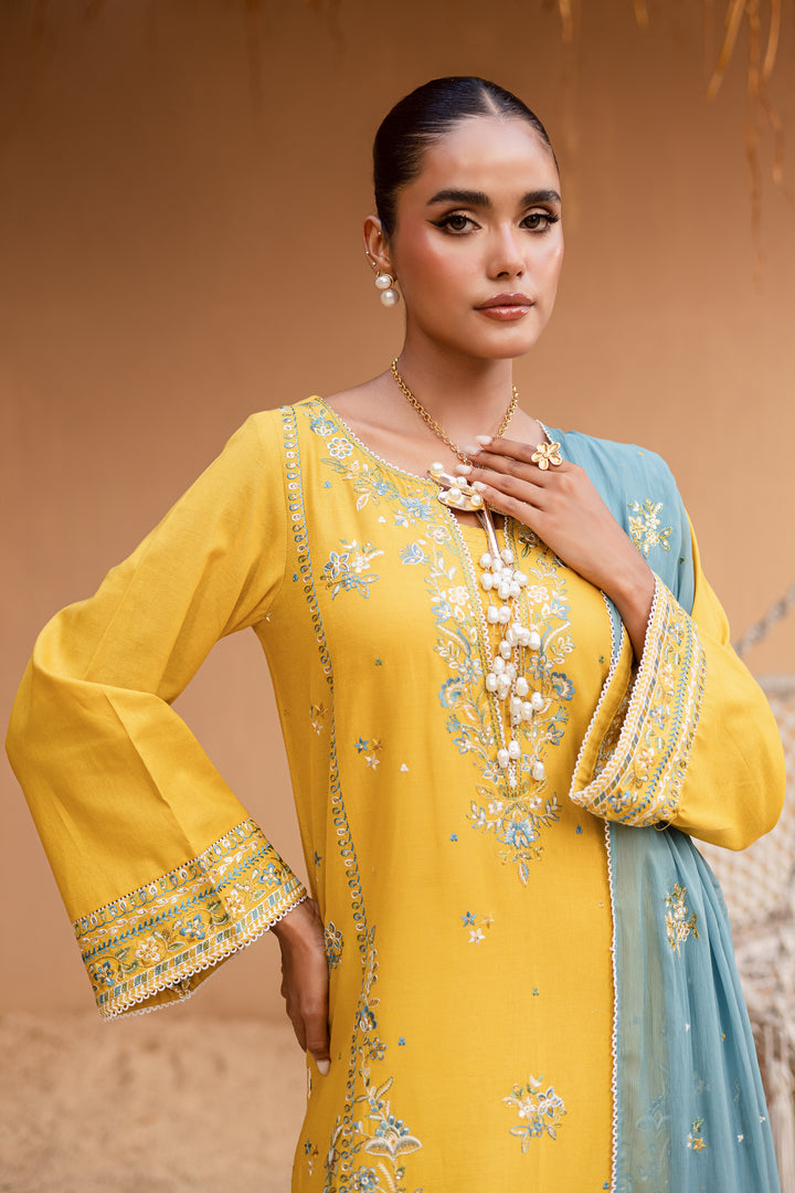 Yellow Castor 3Pc - Embroidered Khaddar Dress