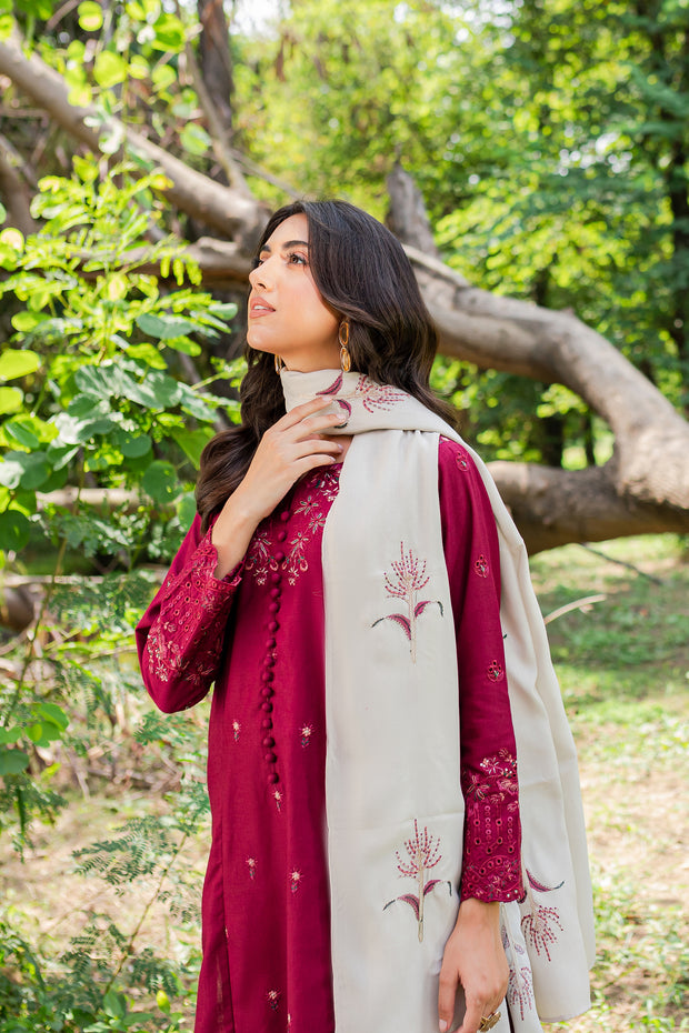 Burgundy Bling 3Pc - Embroidered Karandi Dress - BATIK