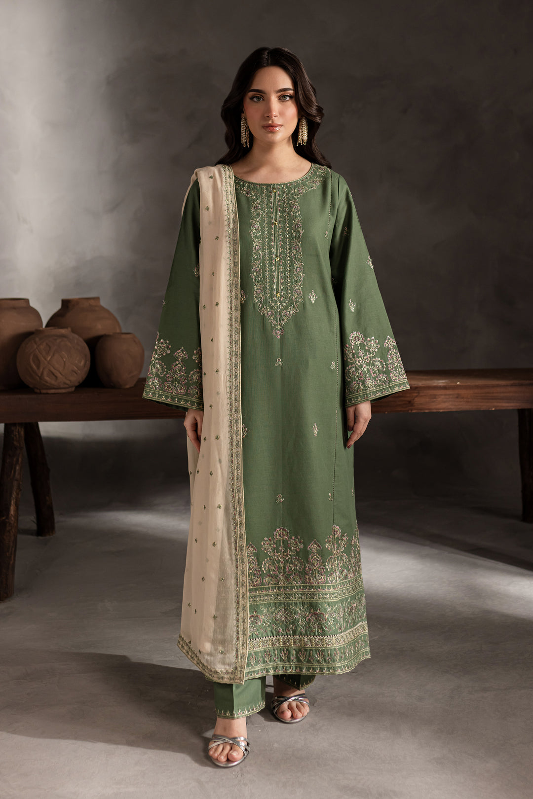 Sage Stone 3Pc - Embroidered Khaddar Dress - BATIK