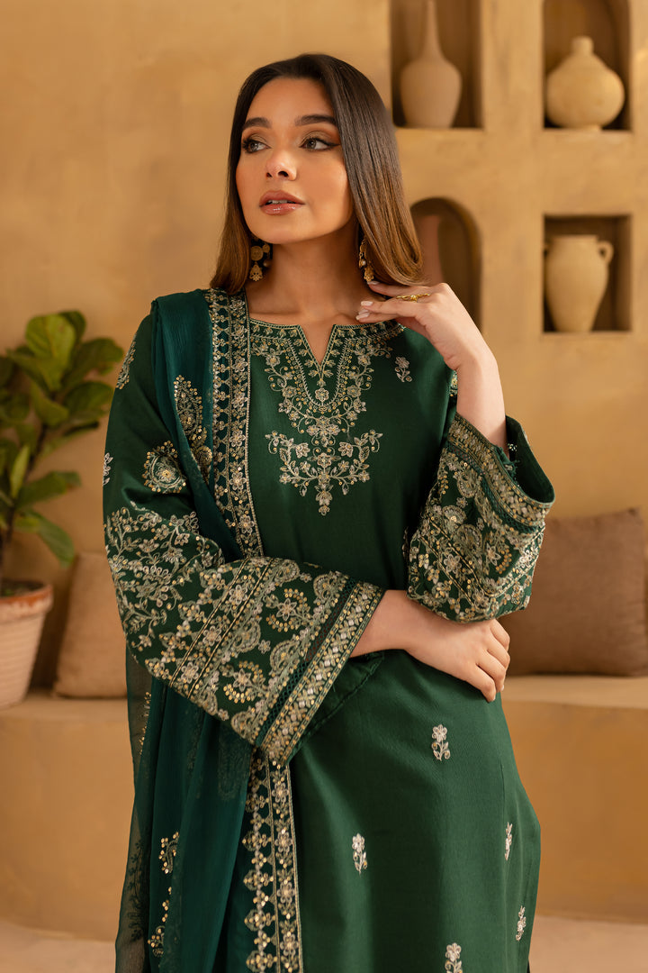 Green Amy 3Pc - Embroidered Khaddar Dress - BATIK