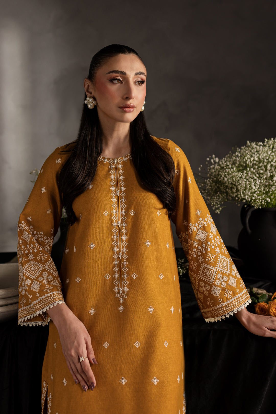 Mustard Jasper 2Pc - Embroidered Karandi dress - BATIK