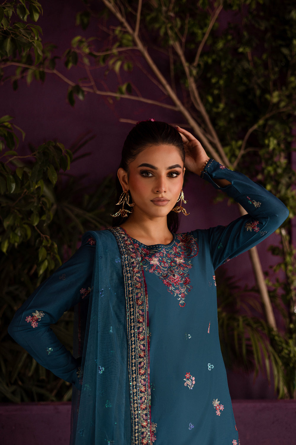 Eshmaal 3Pc - Embroidered Solid Dress - BATIK