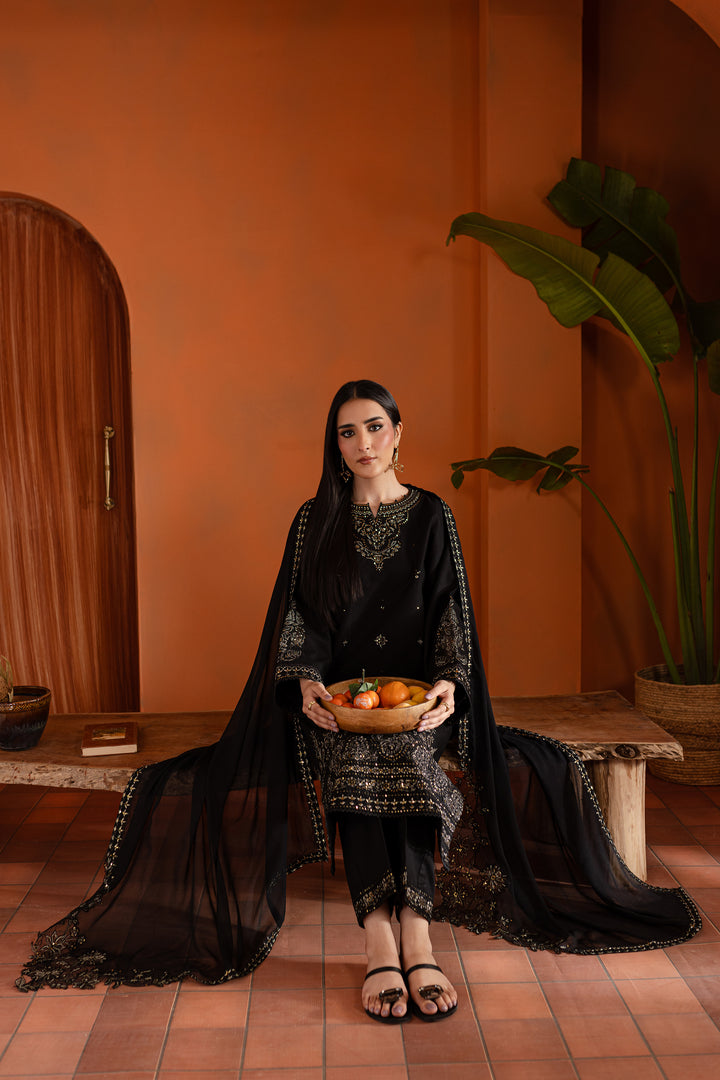 Black Magisk 3Pc - Embroidered Khaddar Dress - BATIK