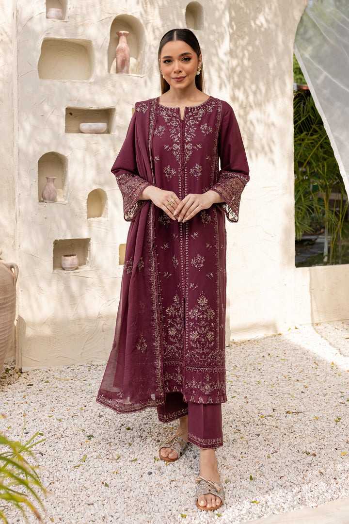 Mauve Paragon 3Pc - Embroidered Khaddar Dress - BATIK