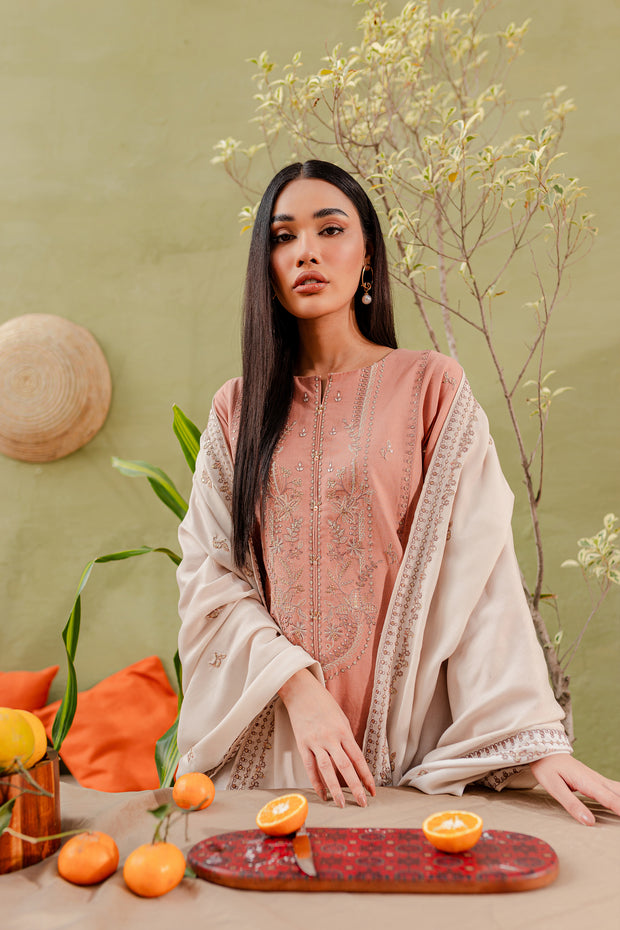 Peach Ice 3Pc - Embroidered Khaddar Dress - BATIK
