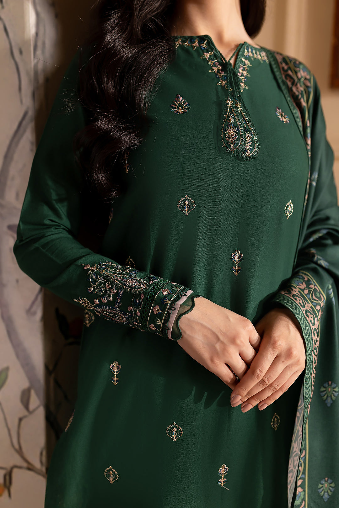 Green Sam 3Pc - Embroidered Khaddar Dress - BATIK