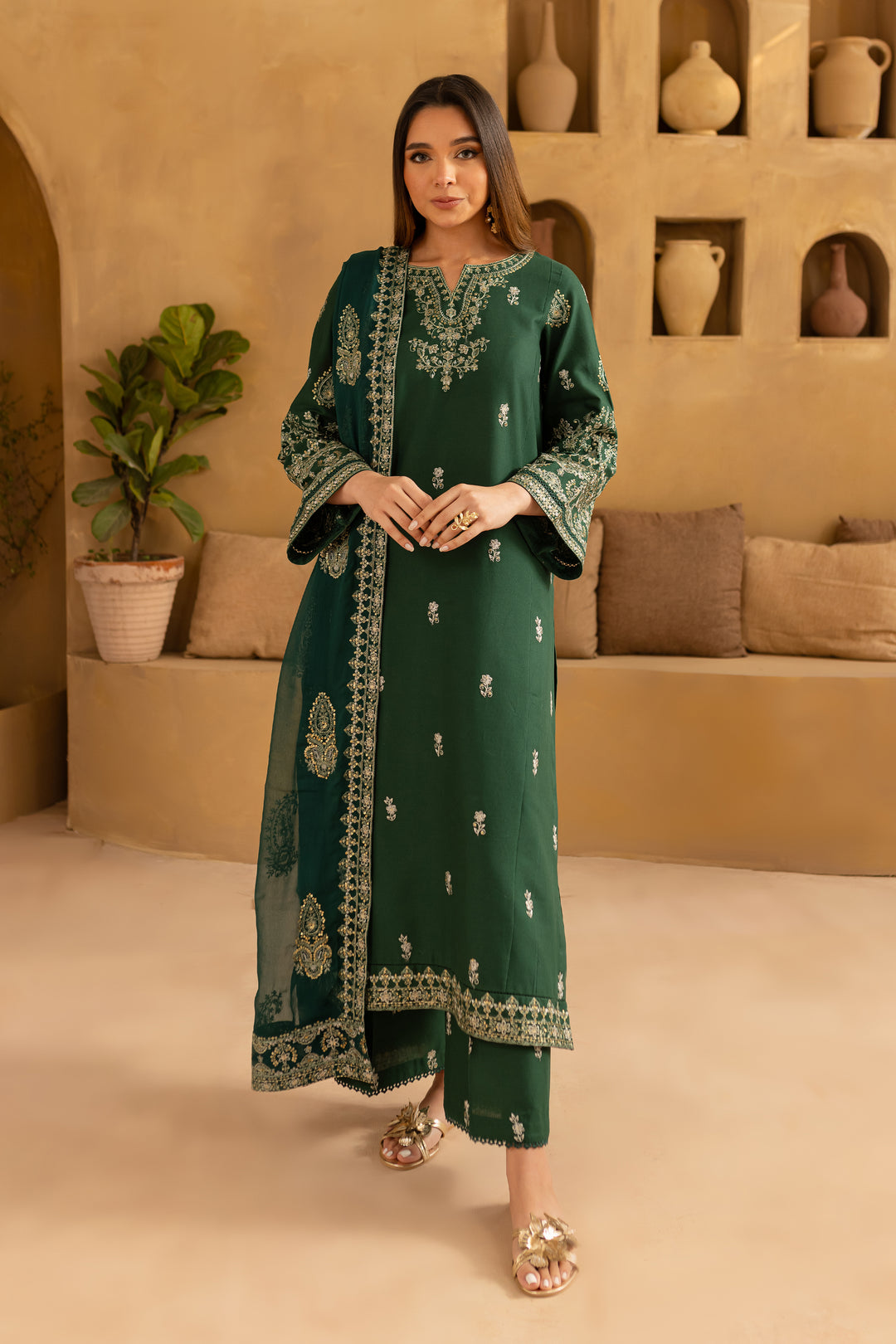 Green Amy 3Pc - Embroidered Khaddar Dress - BATIK